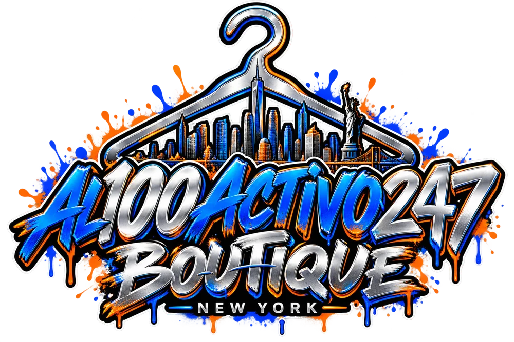 Logo AL100ACTIVO247 Boutique New York: gancho de ropa cromado con el skyline de Nueva York y la Estatua de la Libertad, letras de grafiti azul y cromo